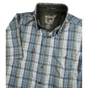 Kuhl EUC Eluxor Button Down Mens XL Blue Plaid Short Sleeve Hiking Shirt